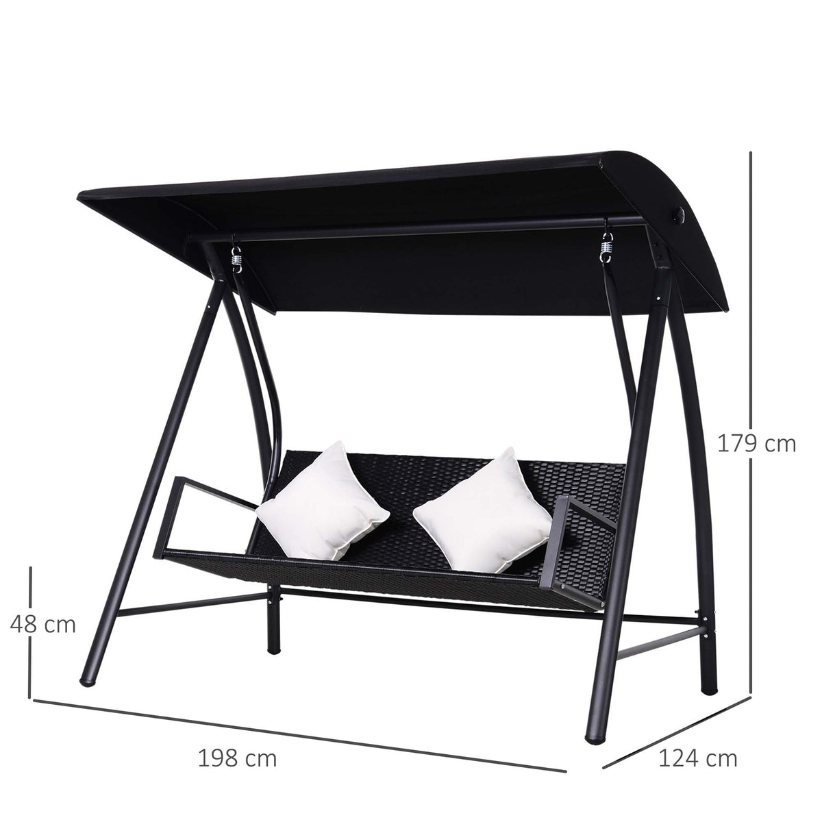  3-Sitzer Hollywoodschaukel Schaukel Polyrattan Metall mit Kissen belastbar bis 360kg Neu (Schwarz)