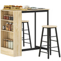 3-teiliges Bartisch-Set, 1 Tresen, 2 Stühle, mit Stauraum und Fußstützen, platzsparend, Hellbraun+Schwarz