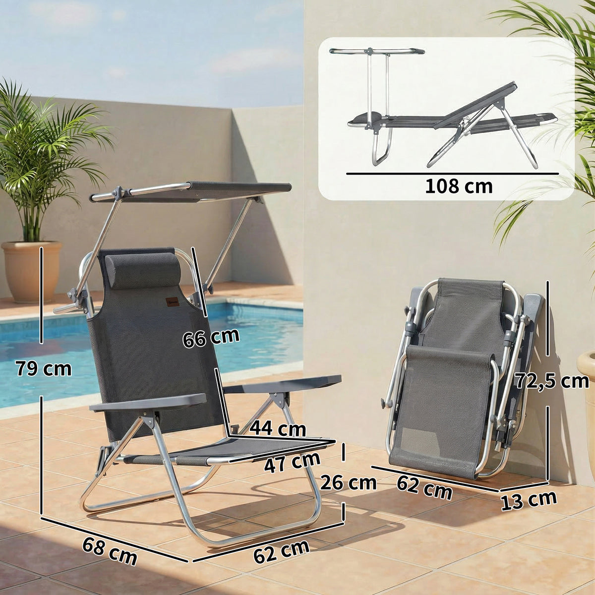 Sonnenliege klappbar Gartenliege mit Kopfkissen verstellbarem Dach 6-Fach verstellbare Rückenlehne 62 x 68 x 79 cm Dunkelgrau