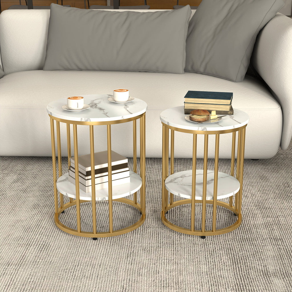 Set of Two Marble-Effect Coffee Tables - White/Gold-Tone