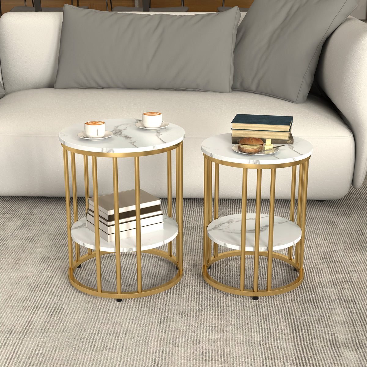 Set of Two Marble-Effect Coffee Tables - White/Gold-Tone