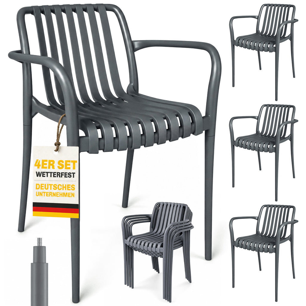 Gartenstühle 4er Set Stapelbare Terrassenstühle mit Lamelldesign Armlehnen, Ergonomisch Dunkelgrau
