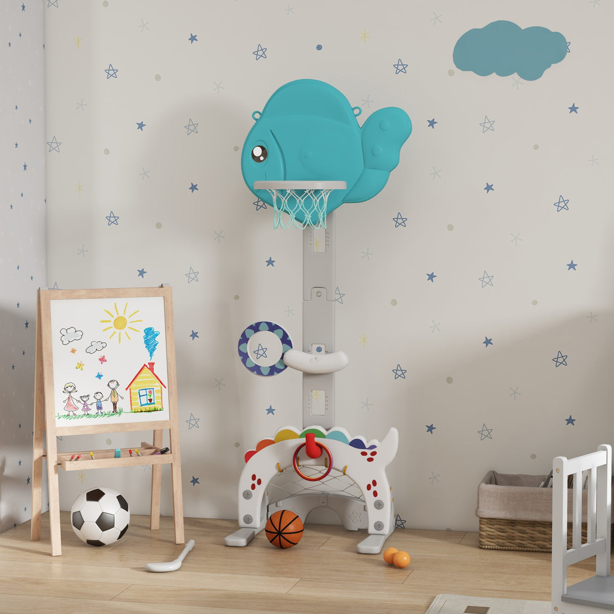 Kinder Basketballkorb 5 in 1 Höhenverstellbarer 134-152 cm mit Basketballs Pumpe Fußballtor Golfball Indoor Outdoor