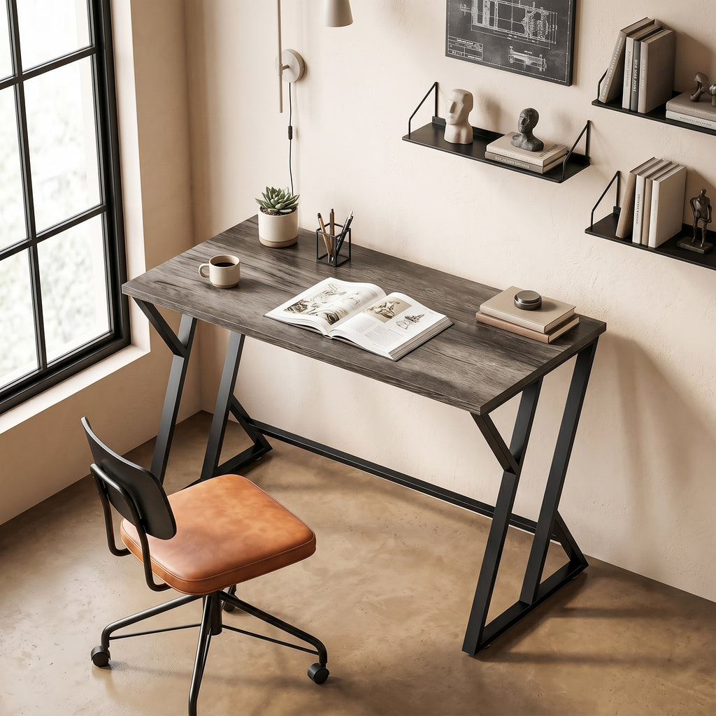Schreibtisch Computertisch 120x60cm Bürotisch mit Z-förmigem Metallfuß, Holzoptik, Industriedesign für Büro, Grau