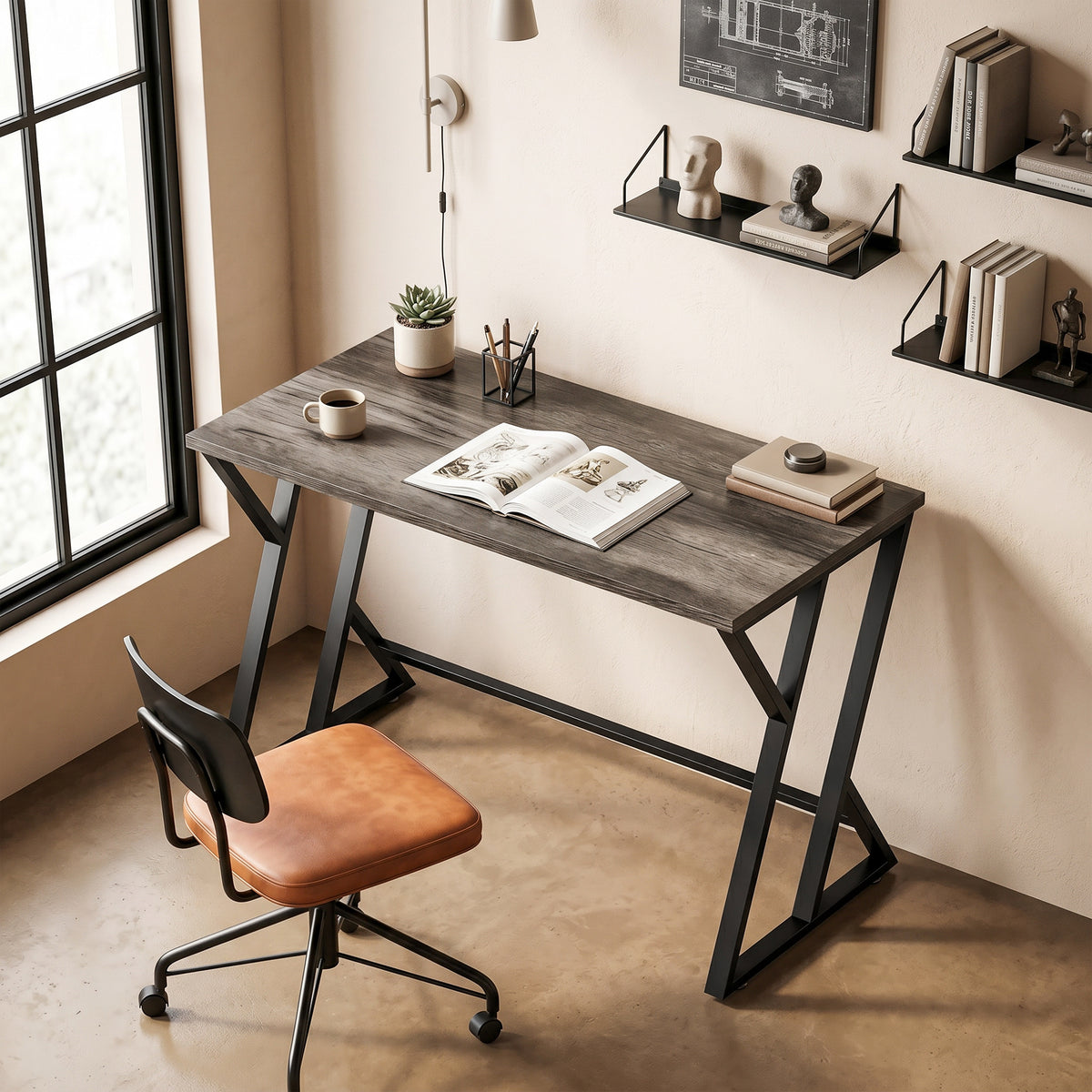 Schreibtisch Computertisch 120x60cm Bürotisch mit Z-förmigem Metallfuß, Holzoptik, Industriedesign für Büro, Grau