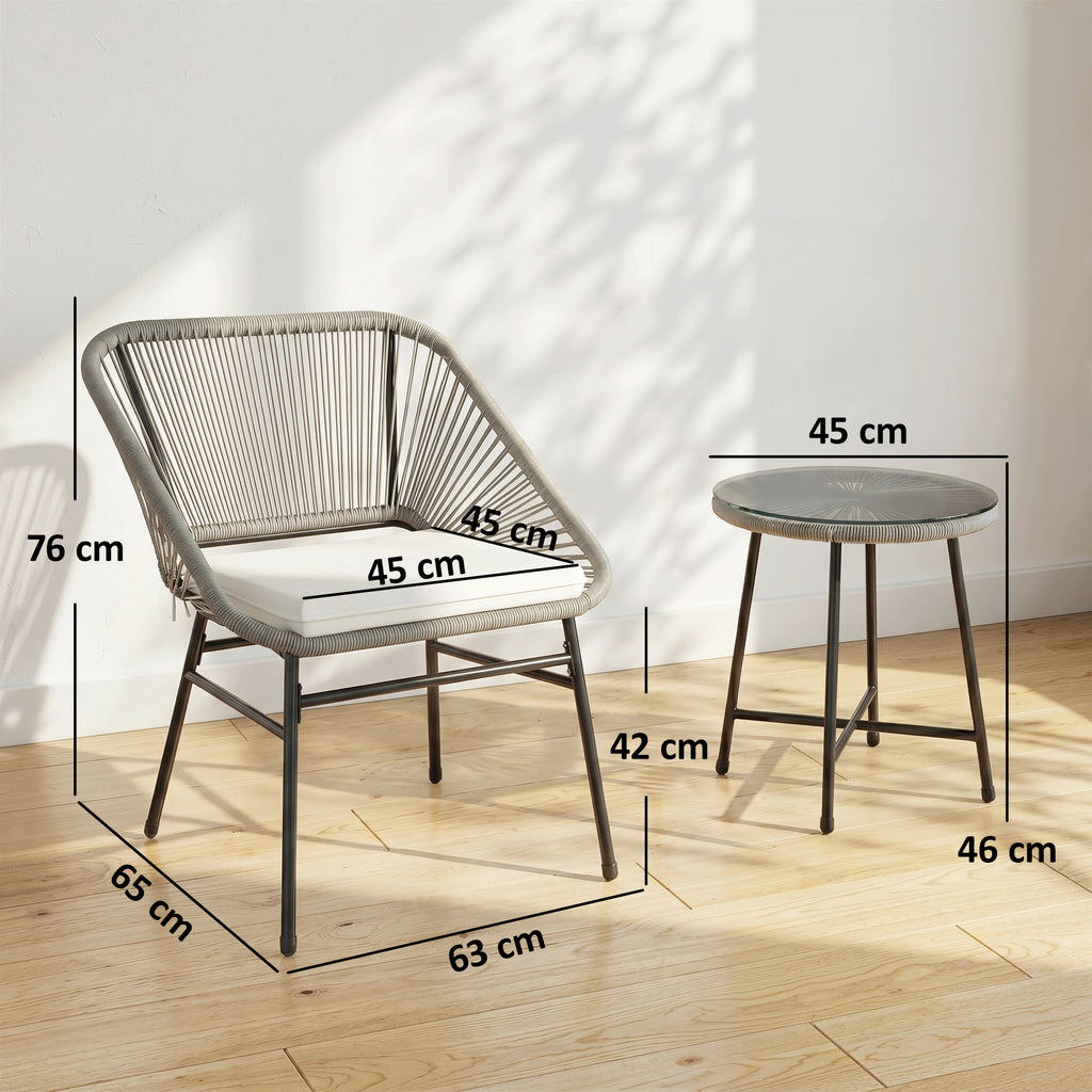 3-teiliges Outdoor-Möbelset, 1 Tisch, 2 Stühle, Rattan-Geflecht, Stahlrahmen, Kaffeetisch mit Glasplatte, Dunkelgrau