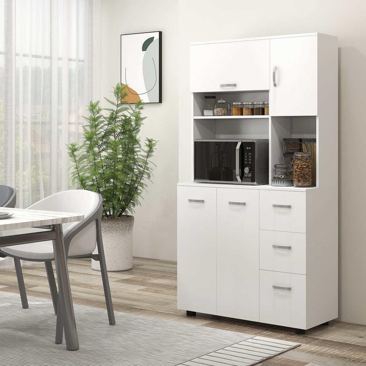 Küchenschrank, Buffet, 3 Schubladen, 3 Regale, viel Stauraum, 89x39,5x168cm, Weiß