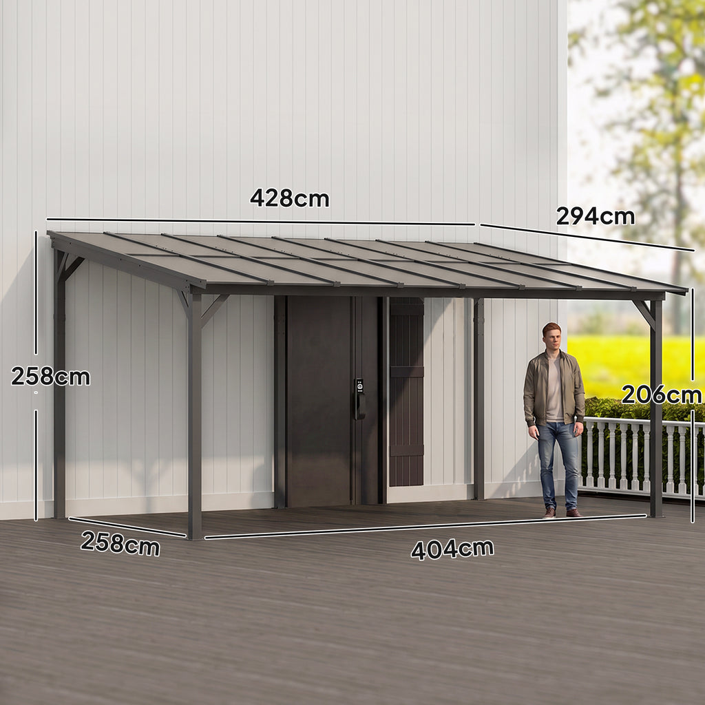 Terrassenüberdachung ca. 3 x 4,3m freistehende Terrassendach mit schrägen Polycarbonat-Dach Wandmontage Dunkelgrau