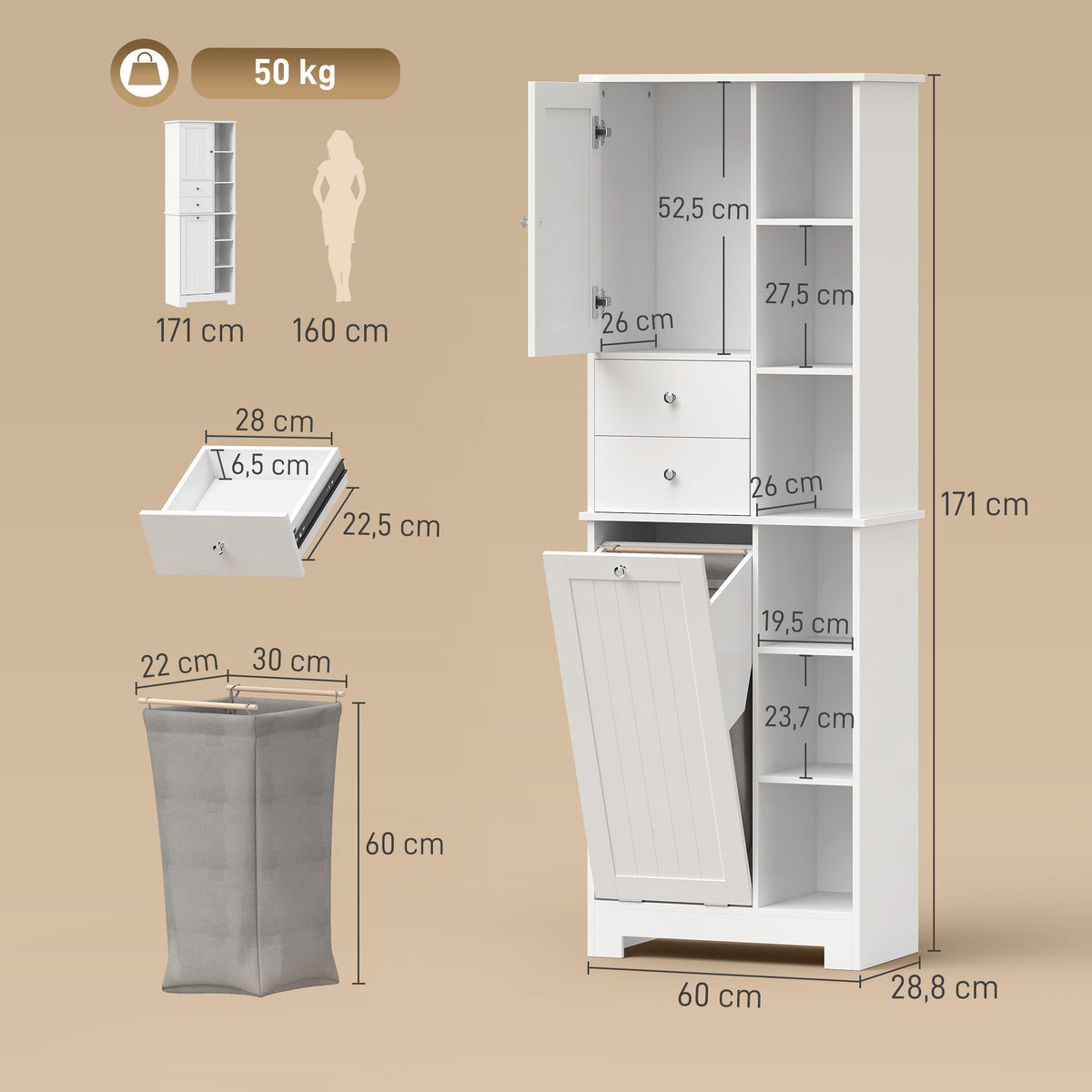 Badezimmerschrank Schmaler Badschrank mit 6 offenen Fächern und Wäschekorb, 2 Schubladen und Soft-Close-Tür, Weiß