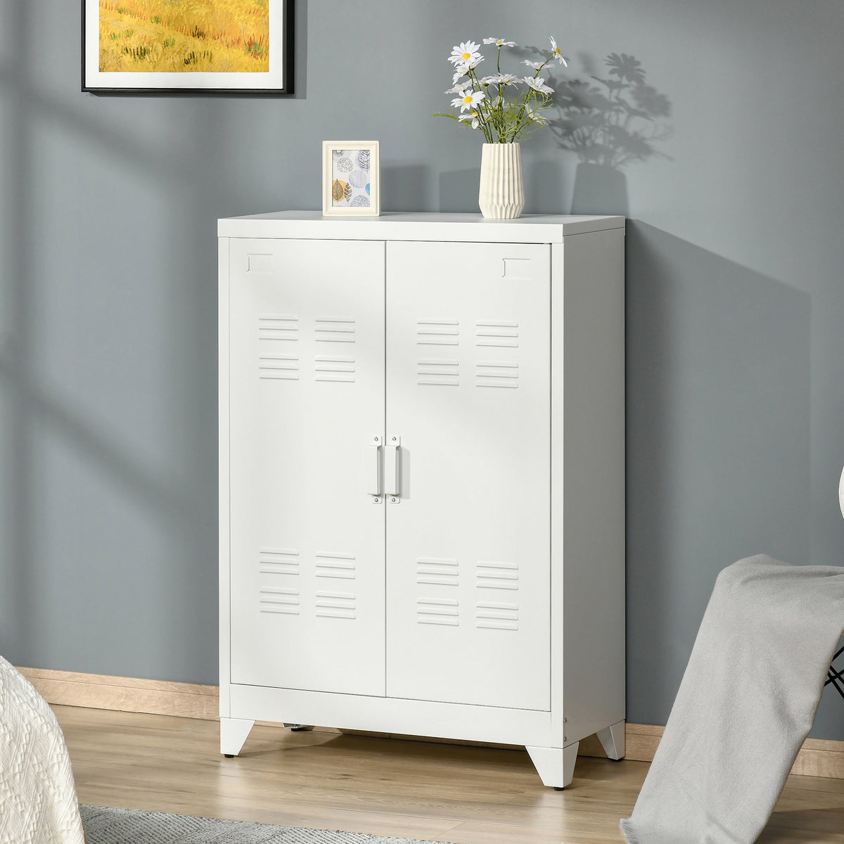 Aktenschrank Metallschrank Mehrzweckschrank mit magnetischer Lamellen-Doppelt¨¹r 75 x 33 x 110 cm Wei?