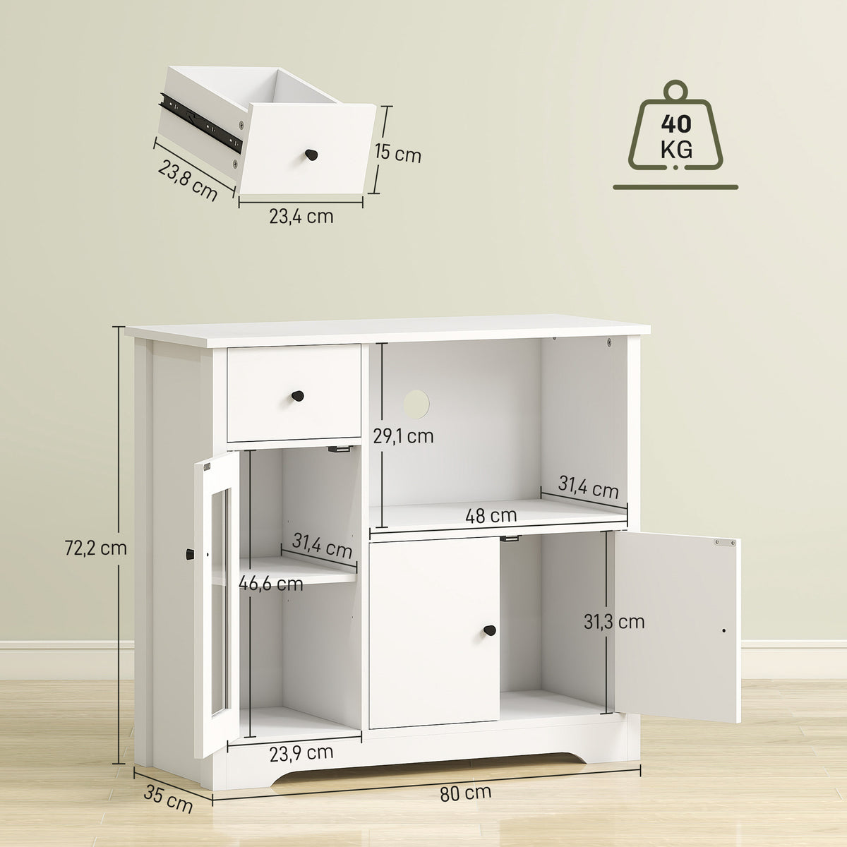 K¨¹chenschrank mit Kabelloch, Kommode mit 2 Schr?nken, offenes Fach, Schublade, 80 x 35 x 72,2 cm, Spanplatte, Wei?