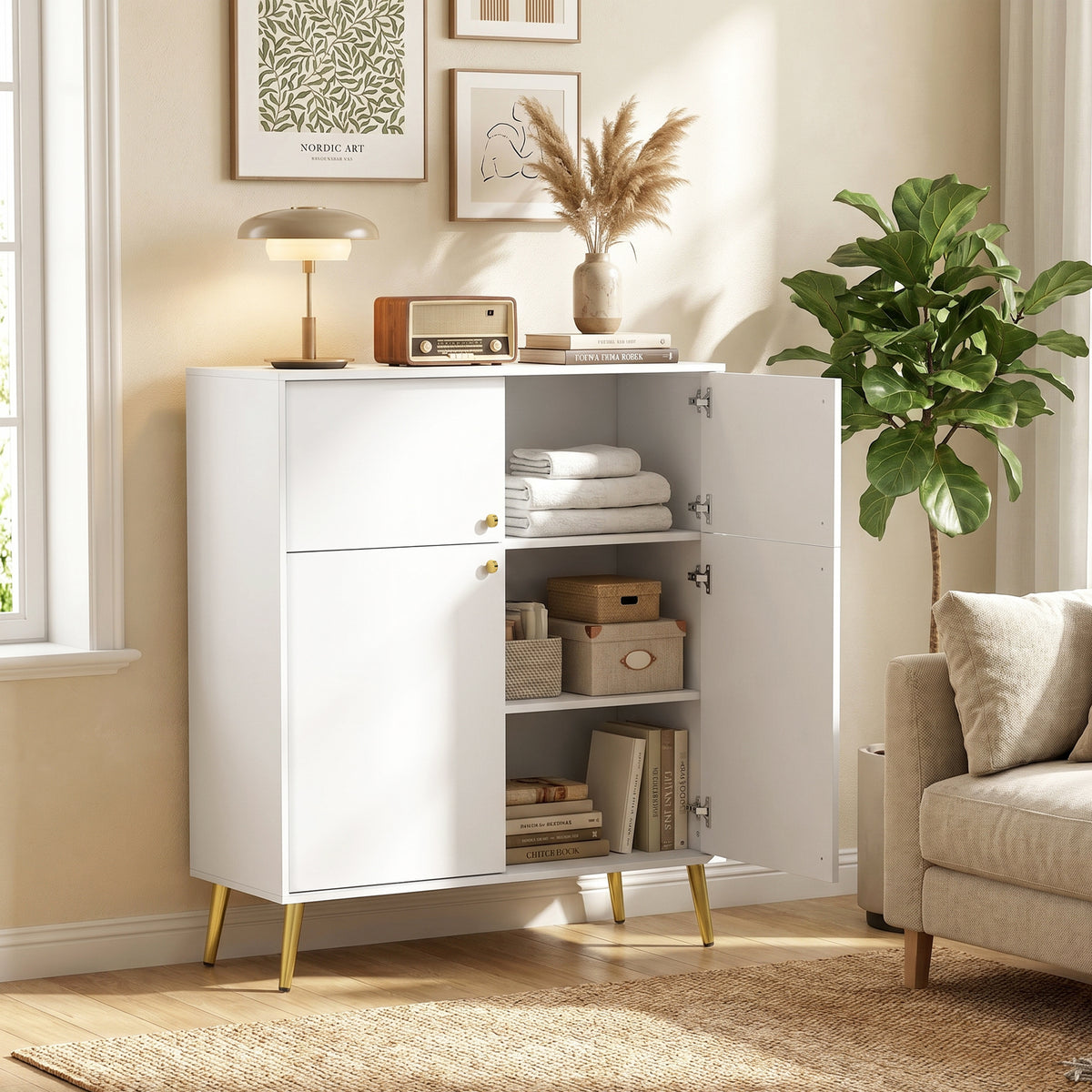 Modernes Sideboard, 105,4 cm Buffet mit 4 Soft-Close-Türen und Metallfüßen, für Esszimmer & Küche, Cremeweiß