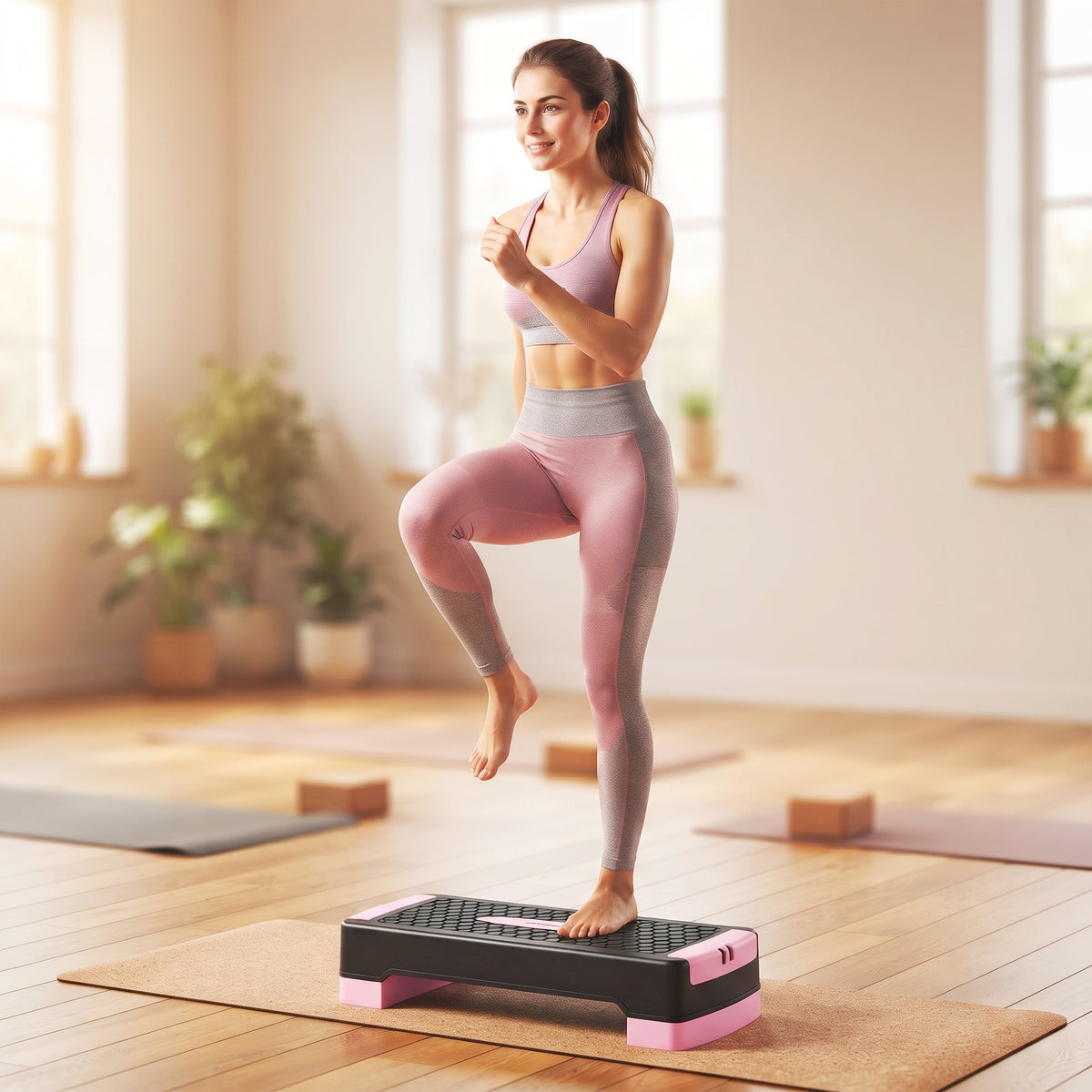 Steppbrett höhenverstellbar Fitness Aerobic Stepper mit 2 Stufen (11/16 cm) 2 Widerstandsbändern, Anti-Rutsch-Matte Rosa
