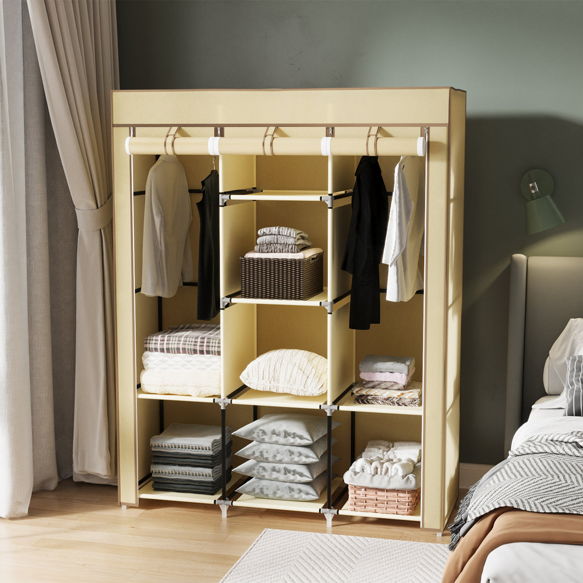 Fabric Wardrobe, with Rails and Shelves - Beige