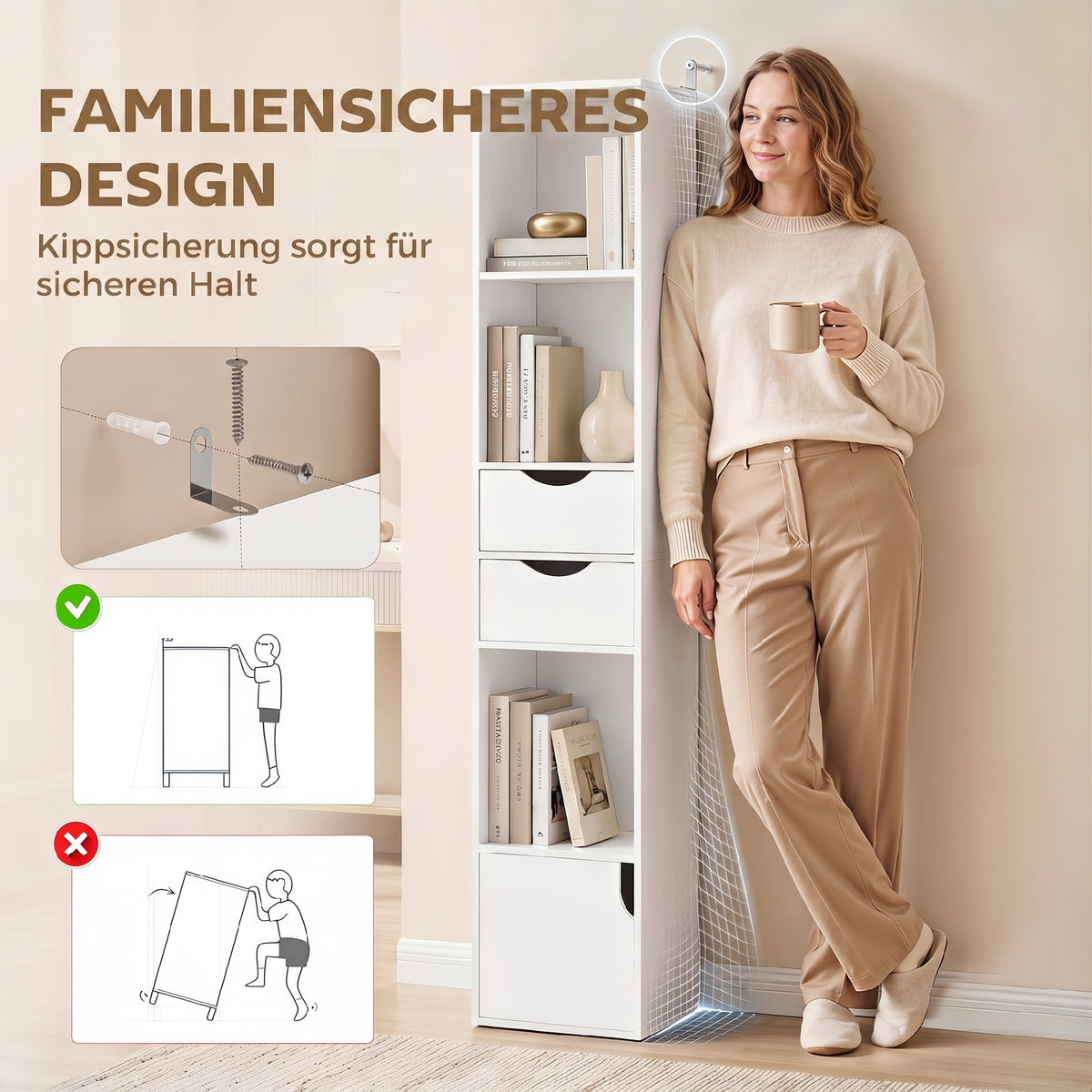 Bücherregal mit 2 Schubladen, Schmal, für Büro, 30x24x158cm Weiß