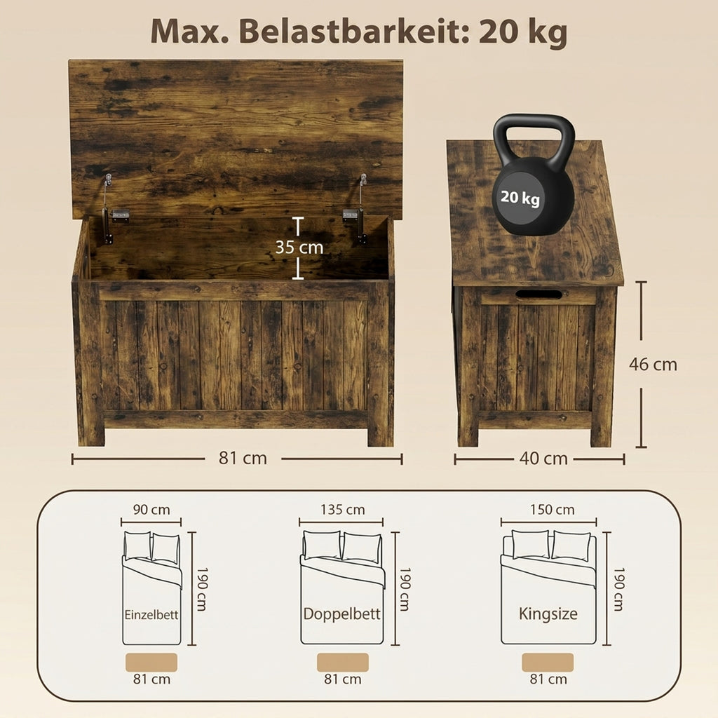 Aufbewahrungstruhe mit Klappdeckel, Spielzeugkiste mit Sicherheits-Scharnieren, rustikales Braun