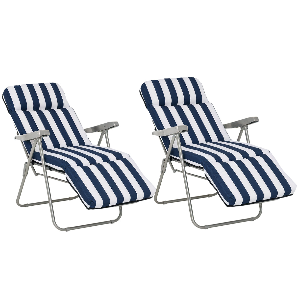 2Pc Folding Sun Loungers Set-Blue/White
