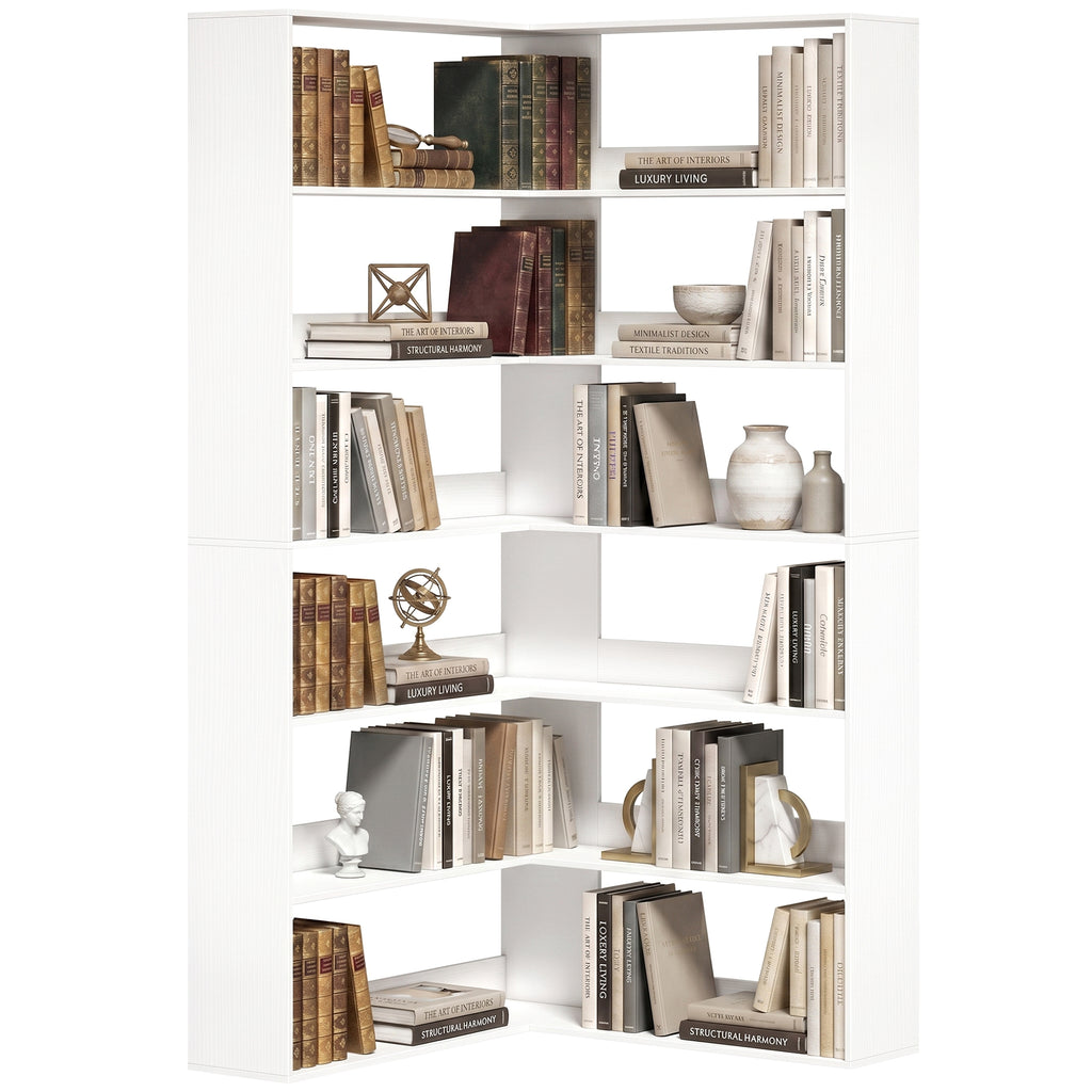 7 Tiers Bookshelf, L-Shaped Corner Bookcase with Anti-Slip Rear Guard, White Wood Effect