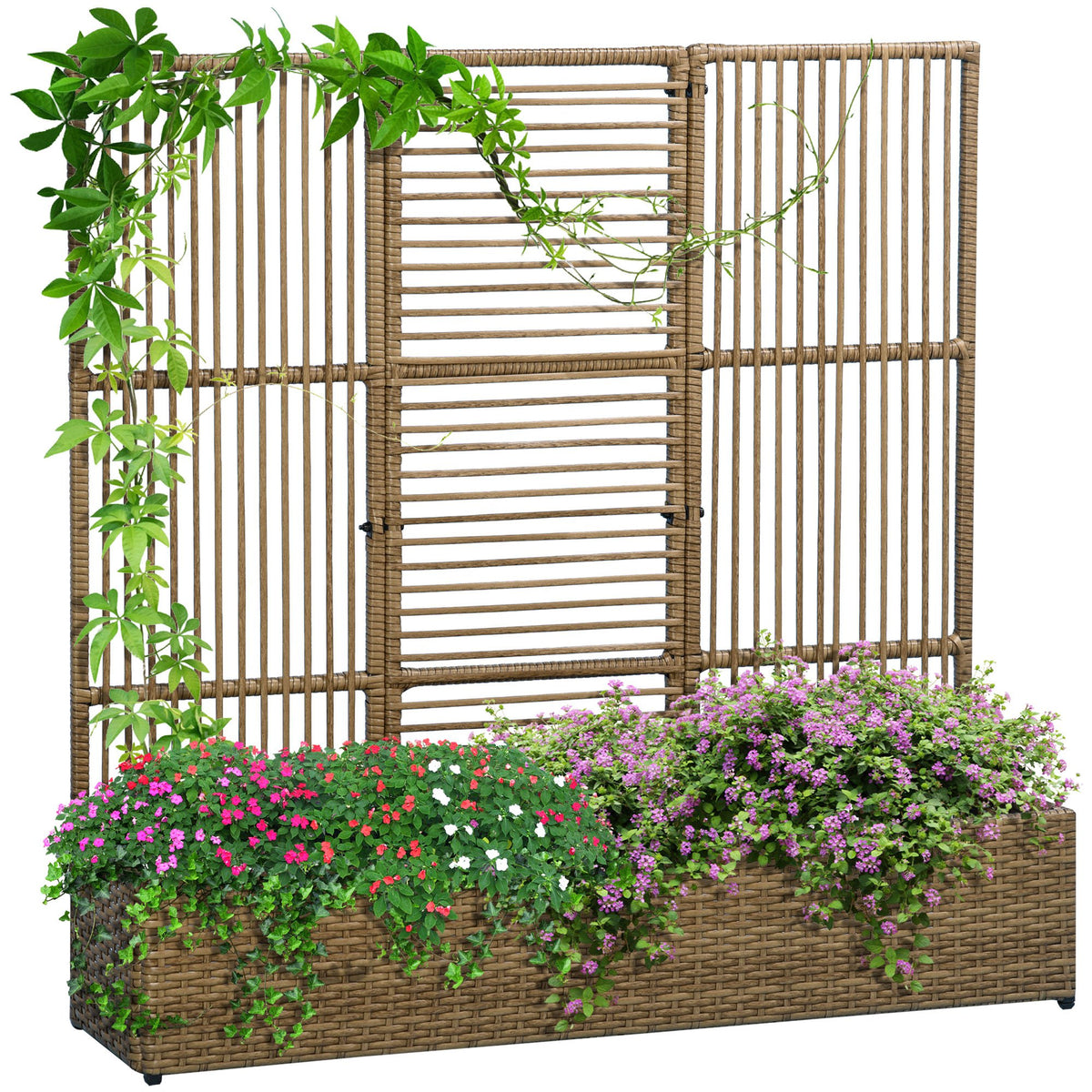 Blumenkasten mit Spalier, wetterfest, Polyrattan, 103 x 29 x 103 cm, Sandfarbe