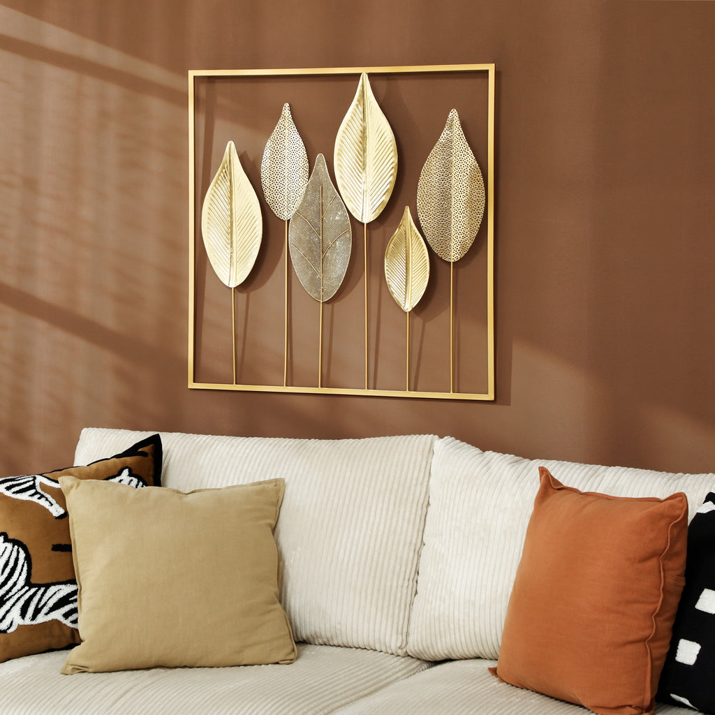 Metallrahmen mit Blattdesign, Wandschmuck, moderner Stil, Goldfarben
