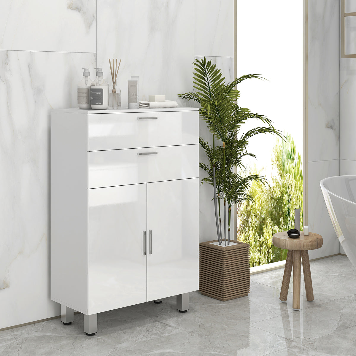 Badezimmerschrank, Badkommode, 2 Schubladen, verstellbares Regal, Holz, Weiß