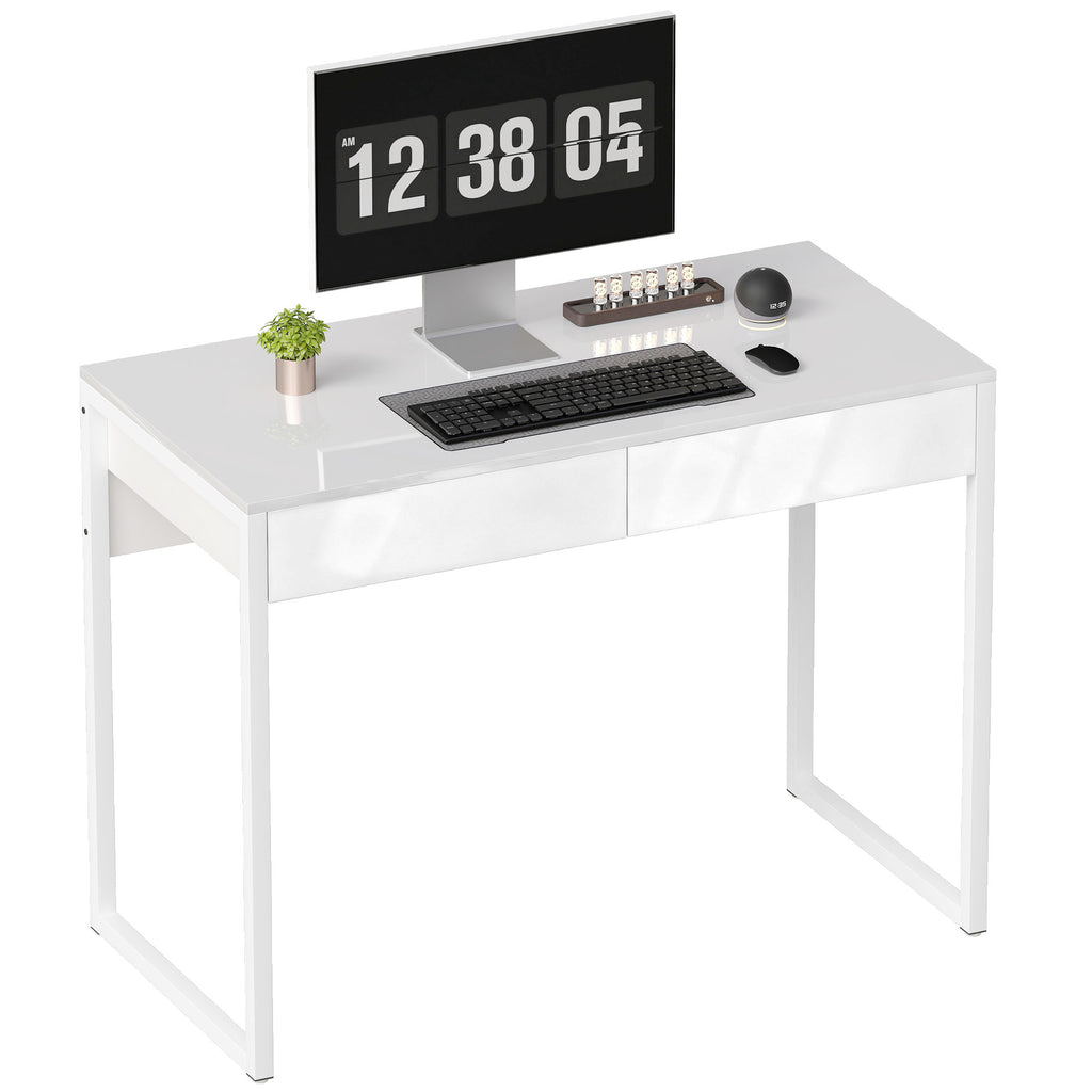 Schreibtisch 100 x 50 cm Computertisch Bürotisch mit 2 Schubladen, für kleine Räume, Weiß