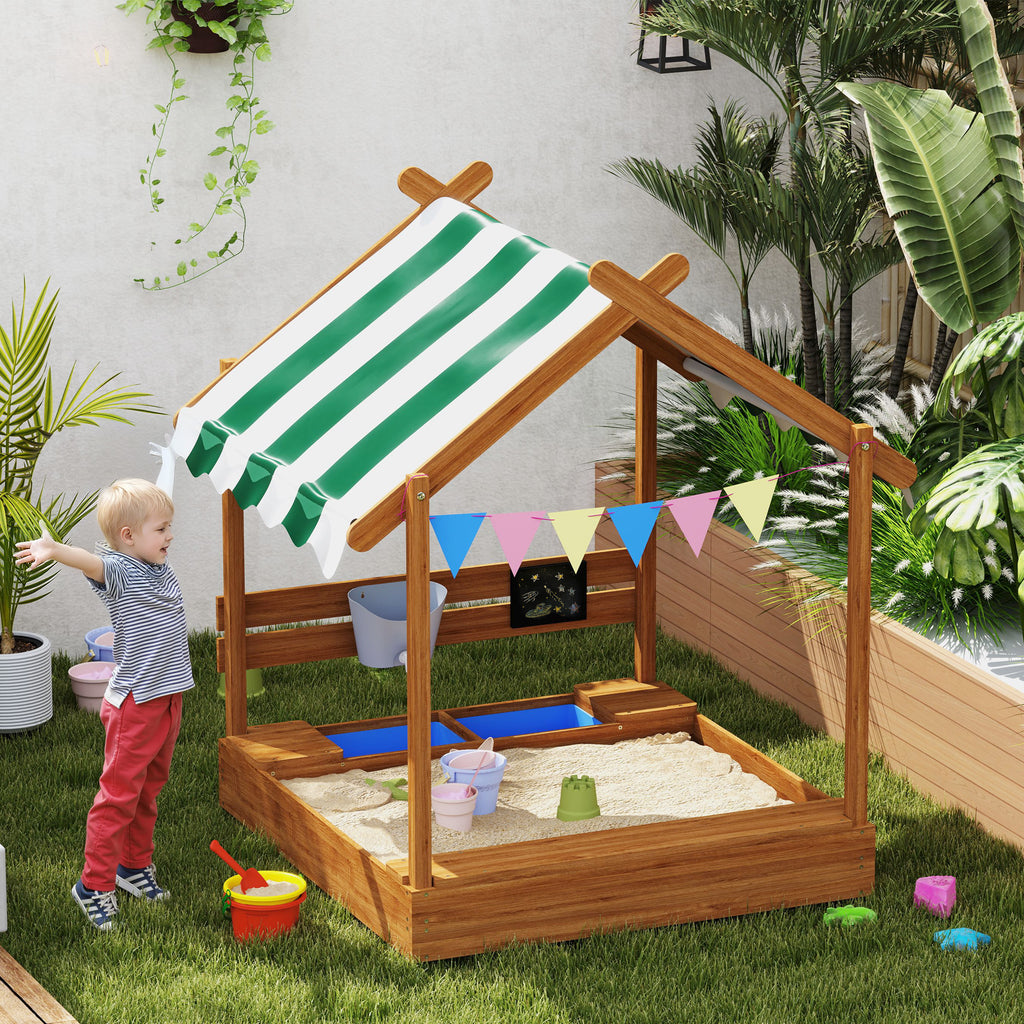 Sandkasten mit Sonnenschutz, Spielhaus-Design, mit Spielzeug-Set, behandeltes Massivholz, 124 x 116 x 146 cm, Grün