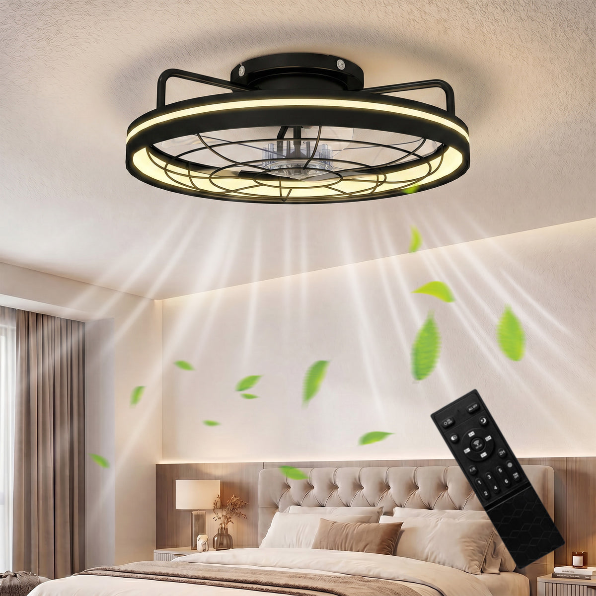 Deckenventilator mit Licht und Fernbedienung, 48 cm LED-Deckenventilator mit 3 Farbtemperaturen, 6 Geschwindigkeiten, Timer, Schwarz