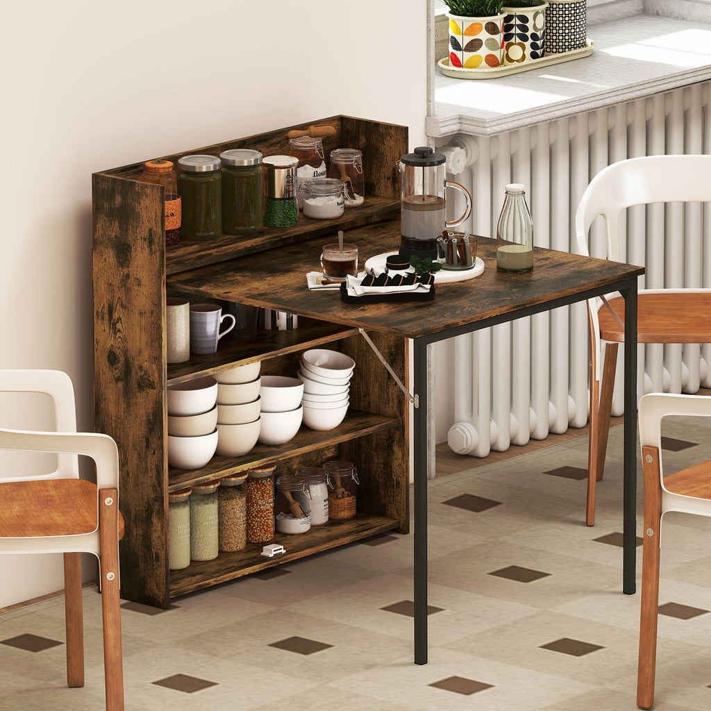 Esstisch Klappbar mit Regal, Industrie-Design, Platzsparend, Für Kleine Räume, 80x90x93cm, Rustikal-Braun