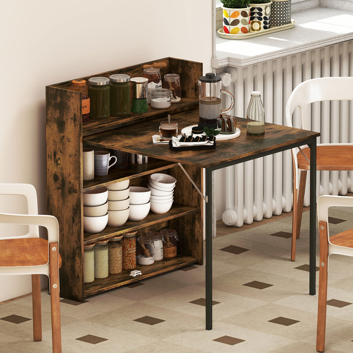 Esstisch Klappbar mit Regal, Industrie-Design, Platzsparend, Für Kleine Räume, 80x90x93cm, Rustikal-Braun