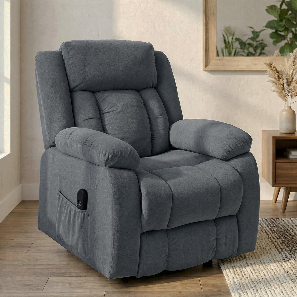 Aufstehsessel mit weichem Bezug, Recliner-Sessel mit Fernbedienung und Seitentaschen, Grau