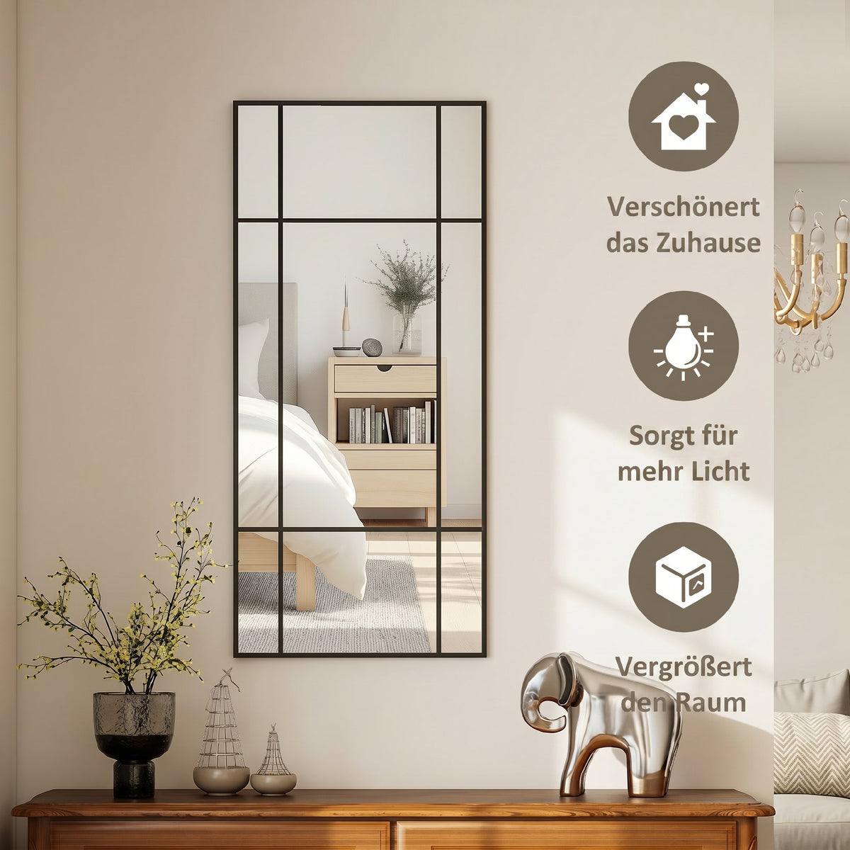 Decorative Grid Wall Mirror, with Back Hooks - Black
