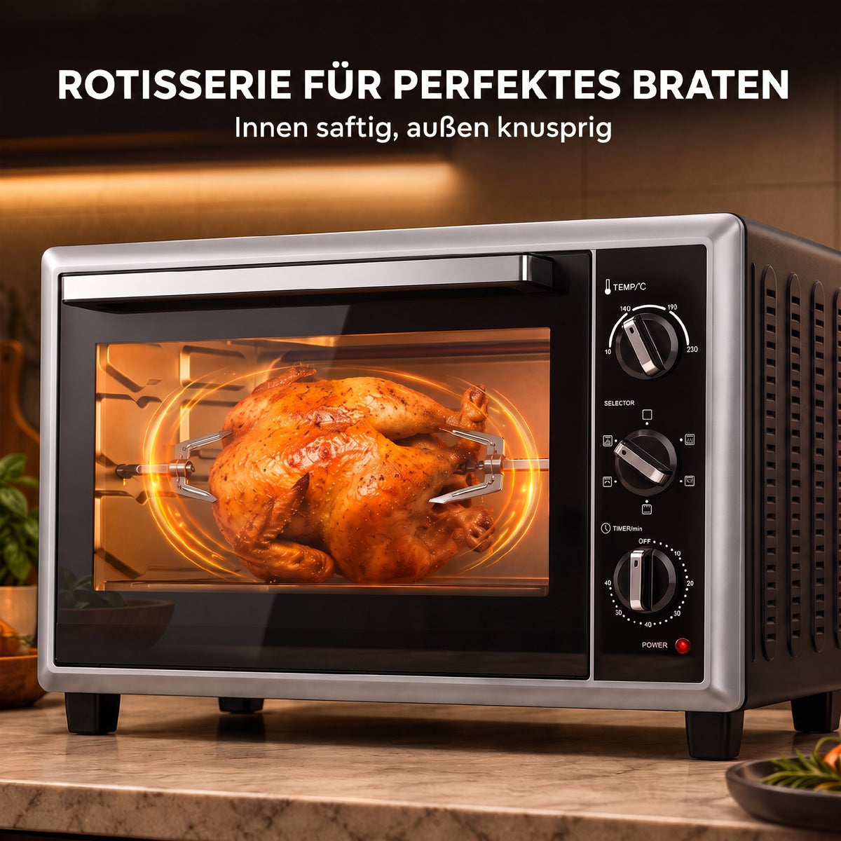 46 L Mini-Backofen mit Drehspieß, Umluft, Temperaturregelung und Timer, 1800 W, Schwarz