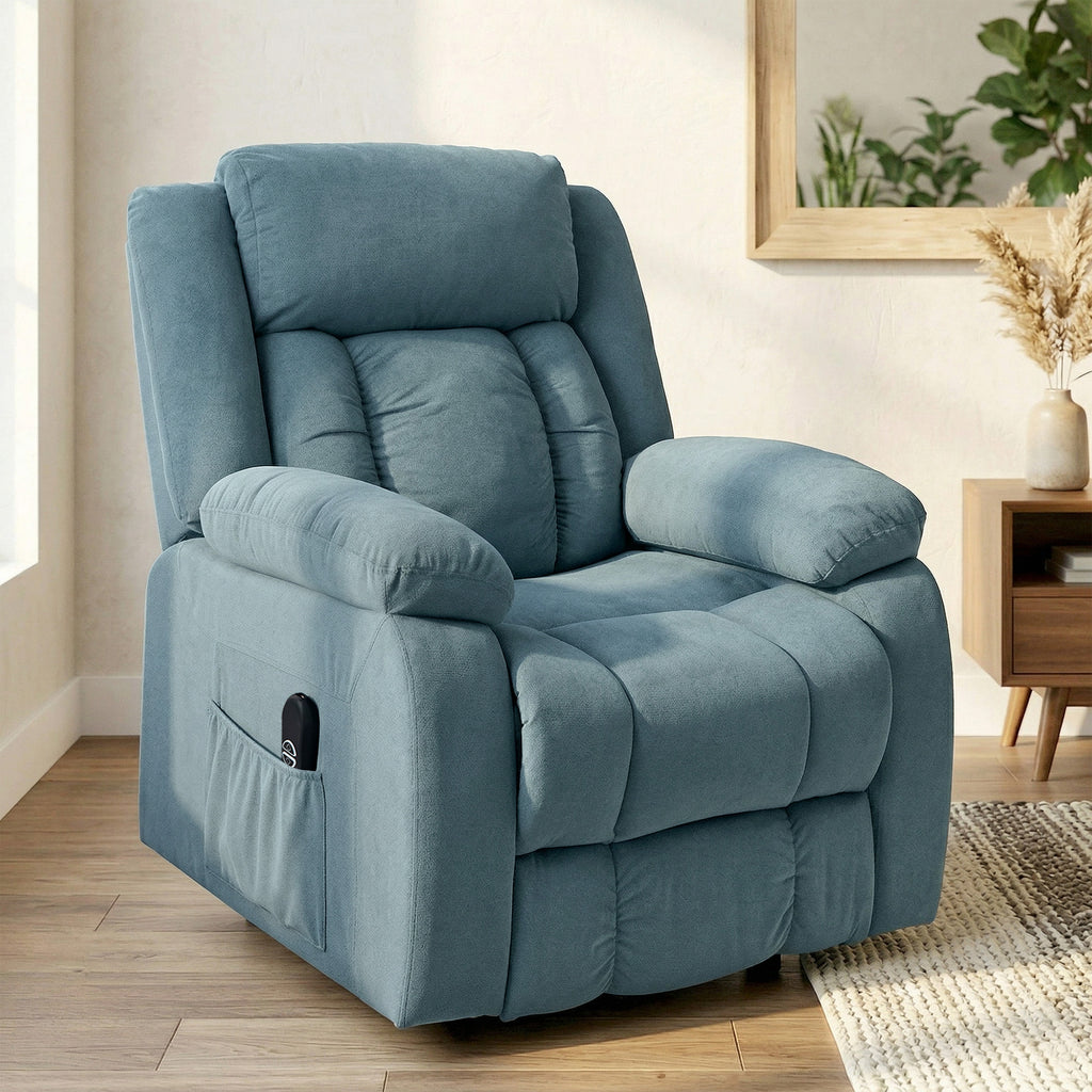 Aufstehsessel mit weichem Bezug, Recliner-Sessel mit Fernbedienung und Seitentaschen, Blau