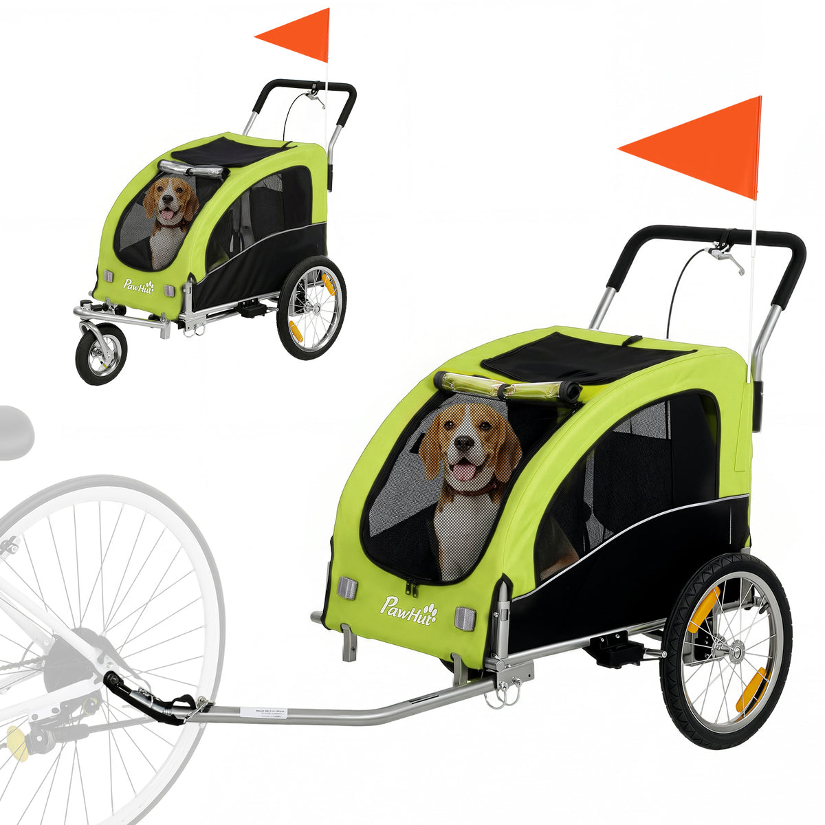2 in 1 Dog Bike Trailer, Foldable Pet Stroller, Dog Bicycle Trailer with Suspension, for Medium Dogs up to 20kg, Green