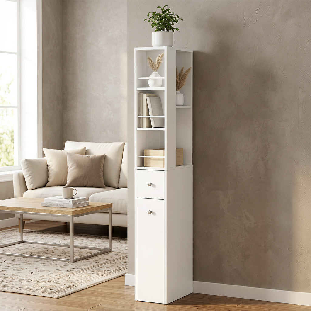 Schmaler hoher Badezimmerschrank, 135 cm Badschrank mit 2 Schubladen, weiß