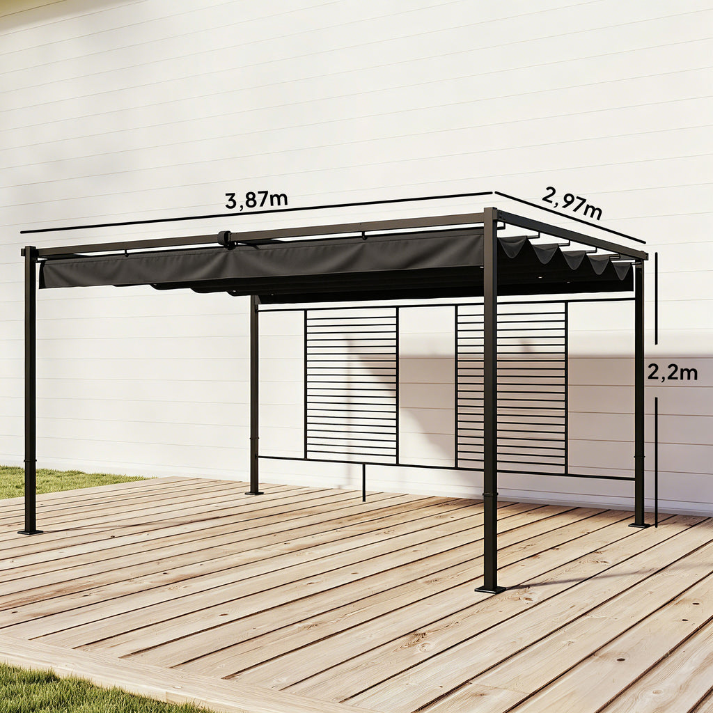 Pergola 3,87 x 2,97 m Terrassenüberdachung mit Schiebedach, 2 Sichtschutz, UV 50+ Dunkelgrau