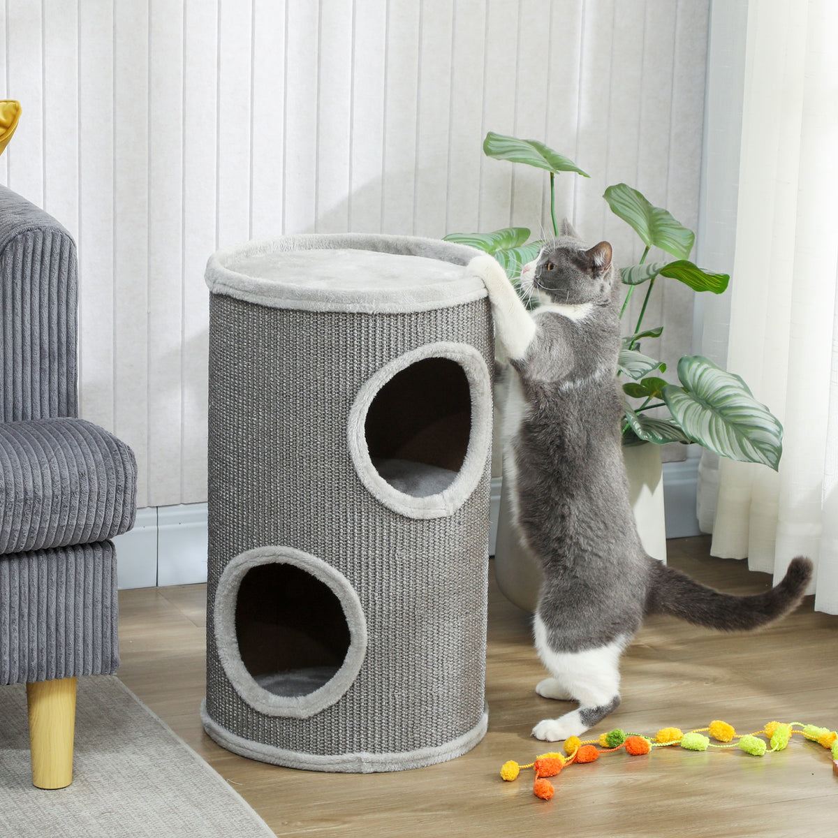 Kratztonne, 60 cm Hoch Ø 35 cm zweistöckige Katzentonne mit 2 Höhle, Plüschrand, für 1-2 Katzen bis 5 kg, Hellgrau