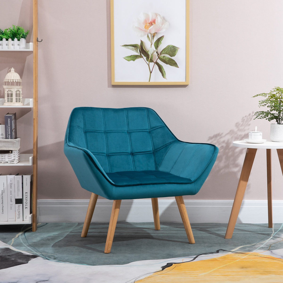  Modern Armchair, Accent Chair with Wide Arms, Slanted Back and Rubber Wood Legs for Living Room, Bedroom, Home Office, Blue