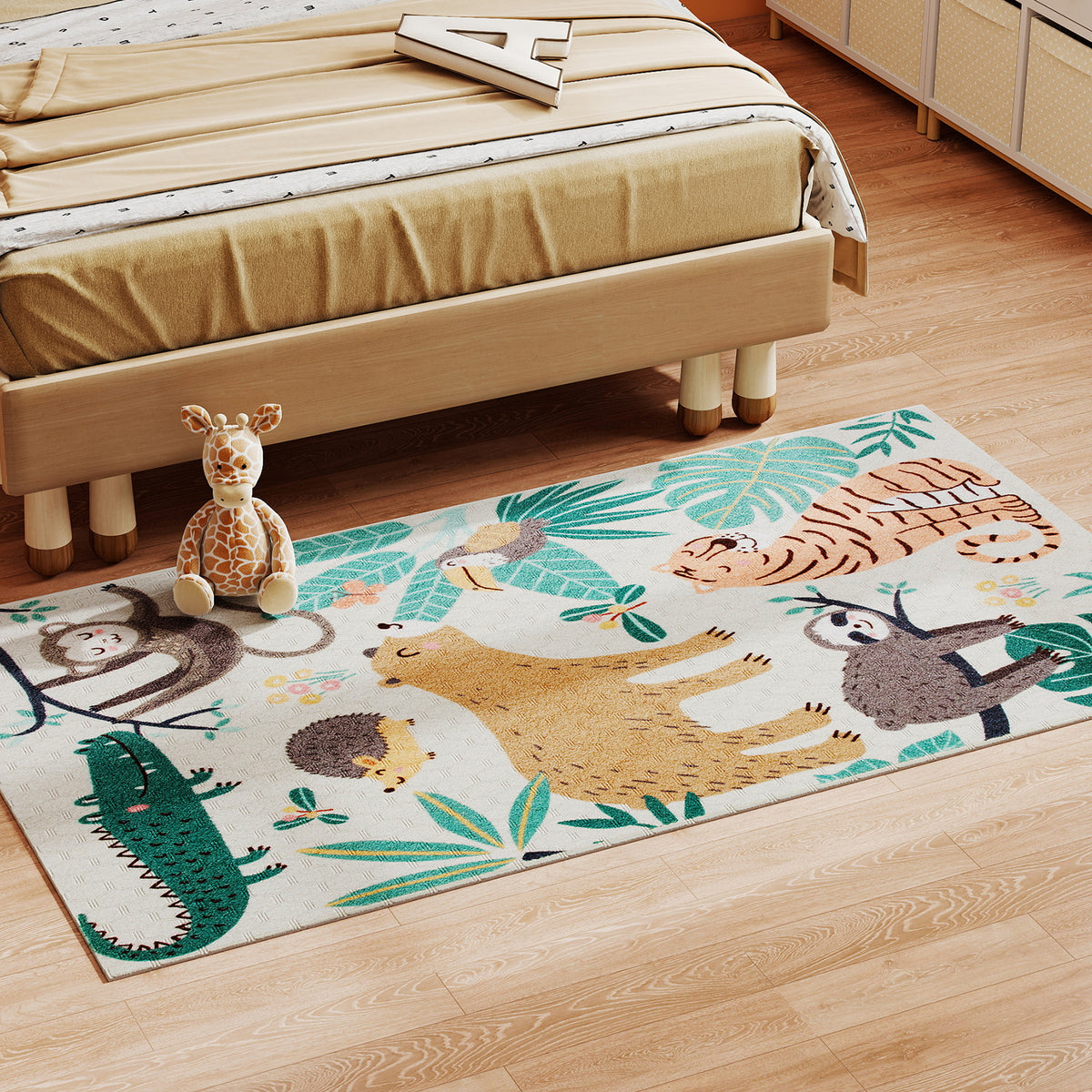 Fleece-Teppich mit Dschungel-Muster, pflegeleicht, Cremewei?+Bunt