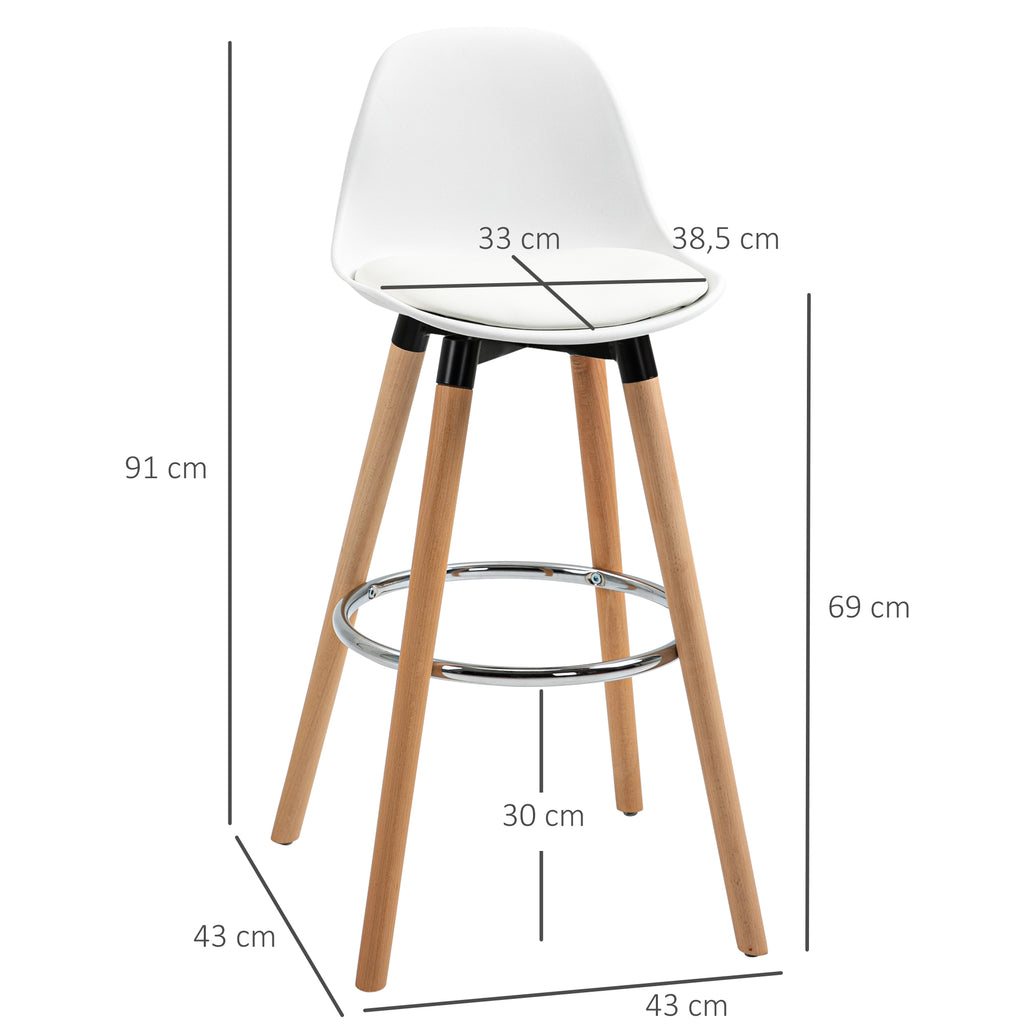 2er-Set Barhocker Barstühle Skandi-Design, Fußtstütze, 43 cm x 43 cm x 91 cm, Natur + Weiß