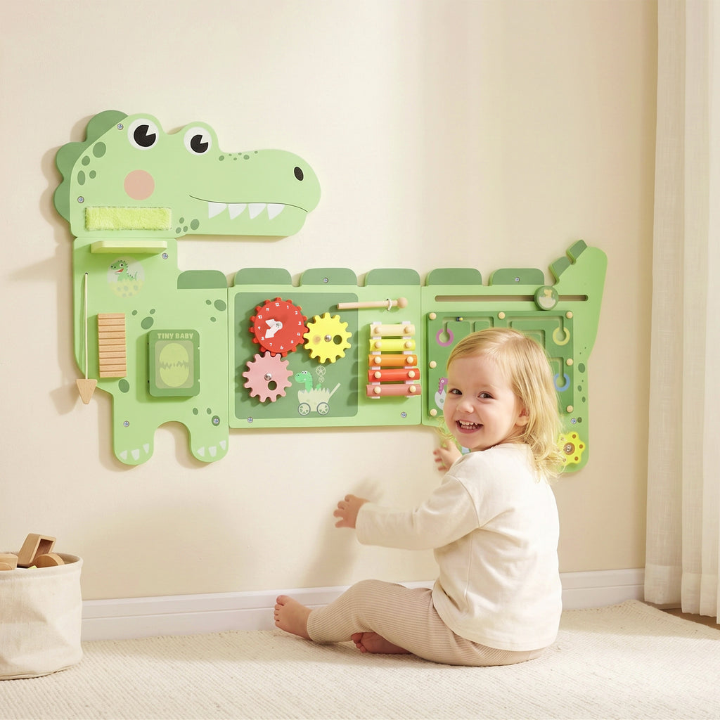 Busy Board Panels, Wall Mounted Montessori Inspired Busy Board, Toddler Learning Centre Dinosaur Theme, Green