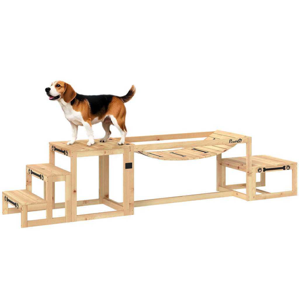 3 Pieces Wooden Dog Agility Training Equipment with Soft Bridge, Pause Platform and Pet Stair for Outdoor, Natural Wood