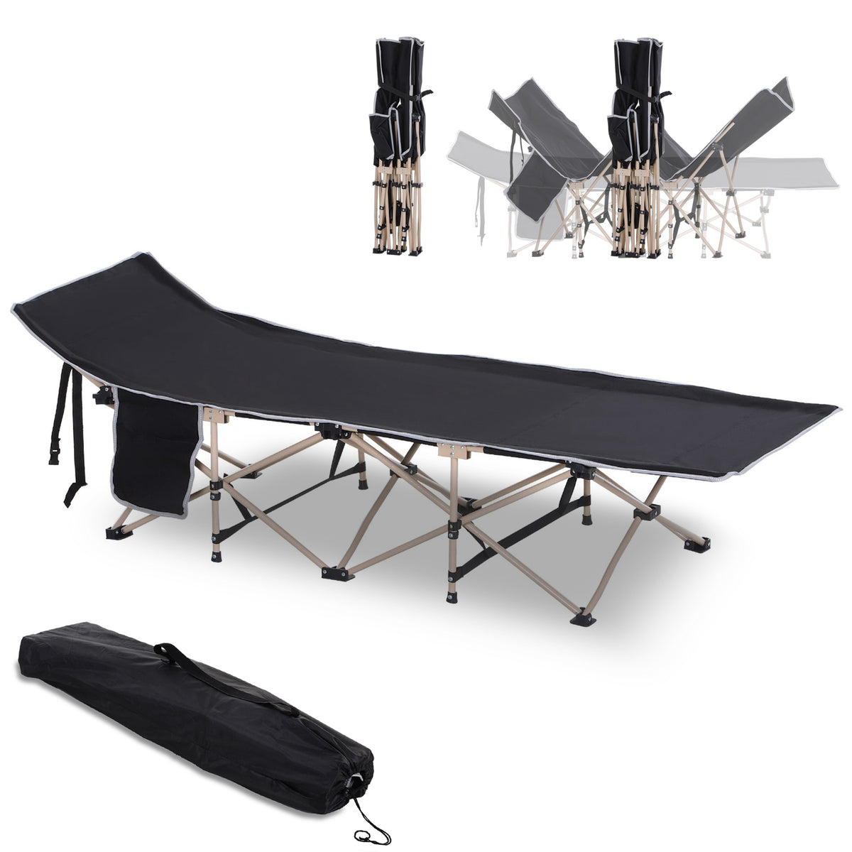 Feldbett, Campingbett, klappbar, wetterbeständig, ink. Tragetasche, 190 x 68 x 52 cm, Schwarz