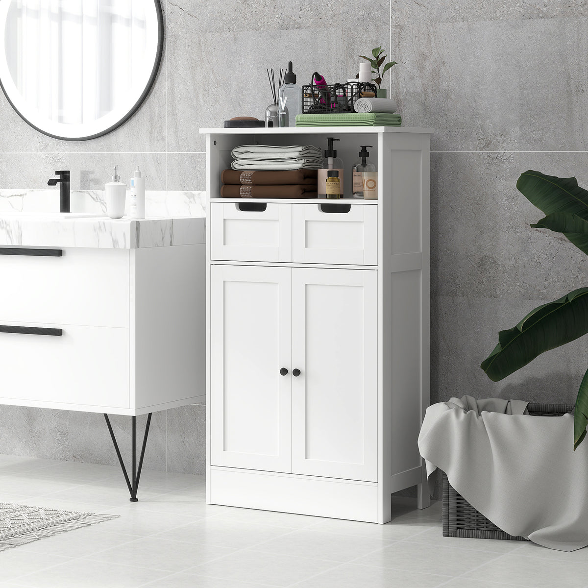 Badezimmerschrank mit 2 Schubladen, T¨¹r, 60 x 30 x 109 cm, Wei?