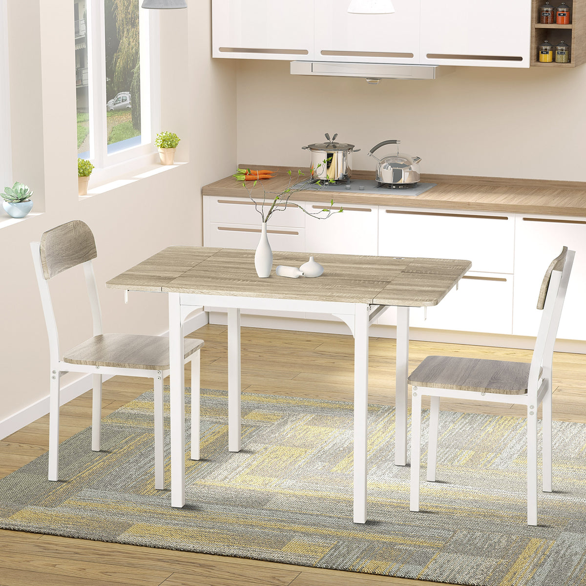2-teilige Sitzgruppe, Klappbarer Esstisch mit 2 Stühlen, Klapptisch, 110 cm x 70 cm x 75 cm, Weiß + Natur