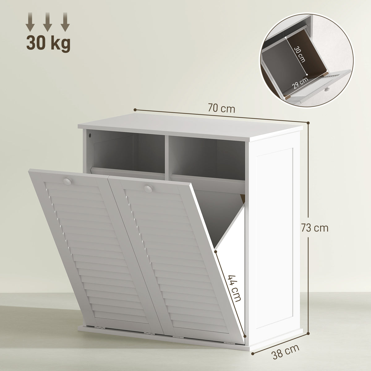 W?scheschrank, 2 Kippbeh?lter f¨¹r W?sche, 2 Lamellent¨¹ren, 70 x 38 x 73 cm, Wei?