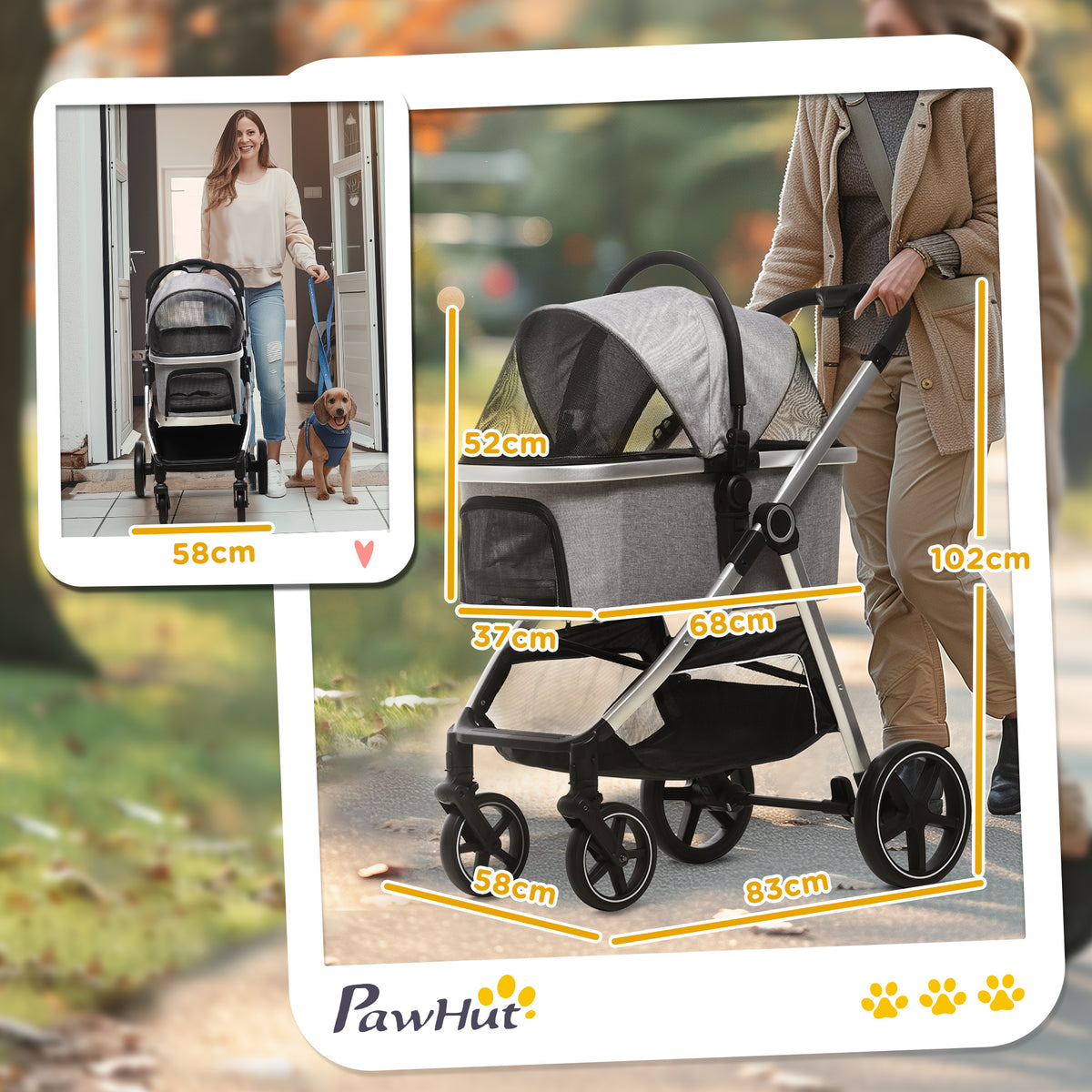 3- in-1 Hundbuggy inkl. Kissen, klappbar, 1 Aufbewahrungskorb, 83 cm x 58 cm x 102 cm, Hellgrau