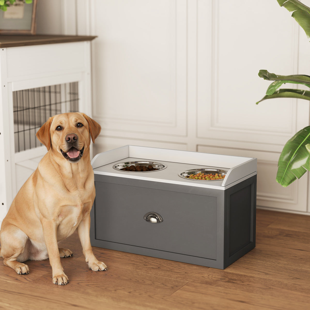 Stainless Steel Raised Dog Bowls, with 21L Storage Drawer for Large Dogs - Grey