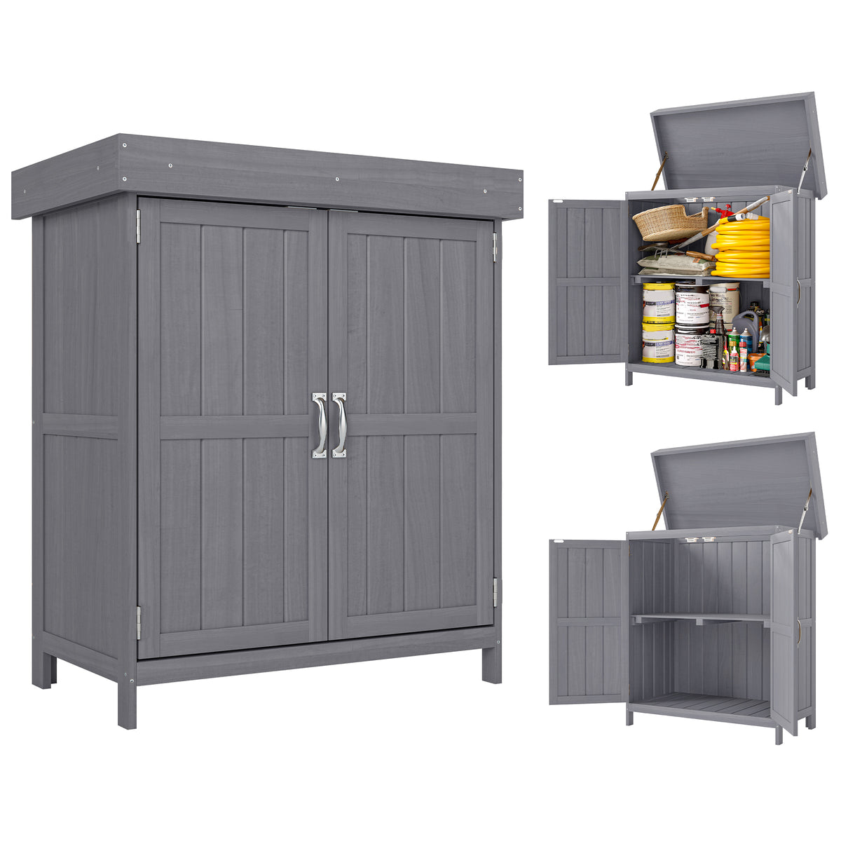 Small Shed, Wooden Garden Shed with Openable Hinged Roof and Removable Shelf, Outdoor Tool Storage Cabinet Chest with Double Doors, 74 x 43 x 88 cm, Grey